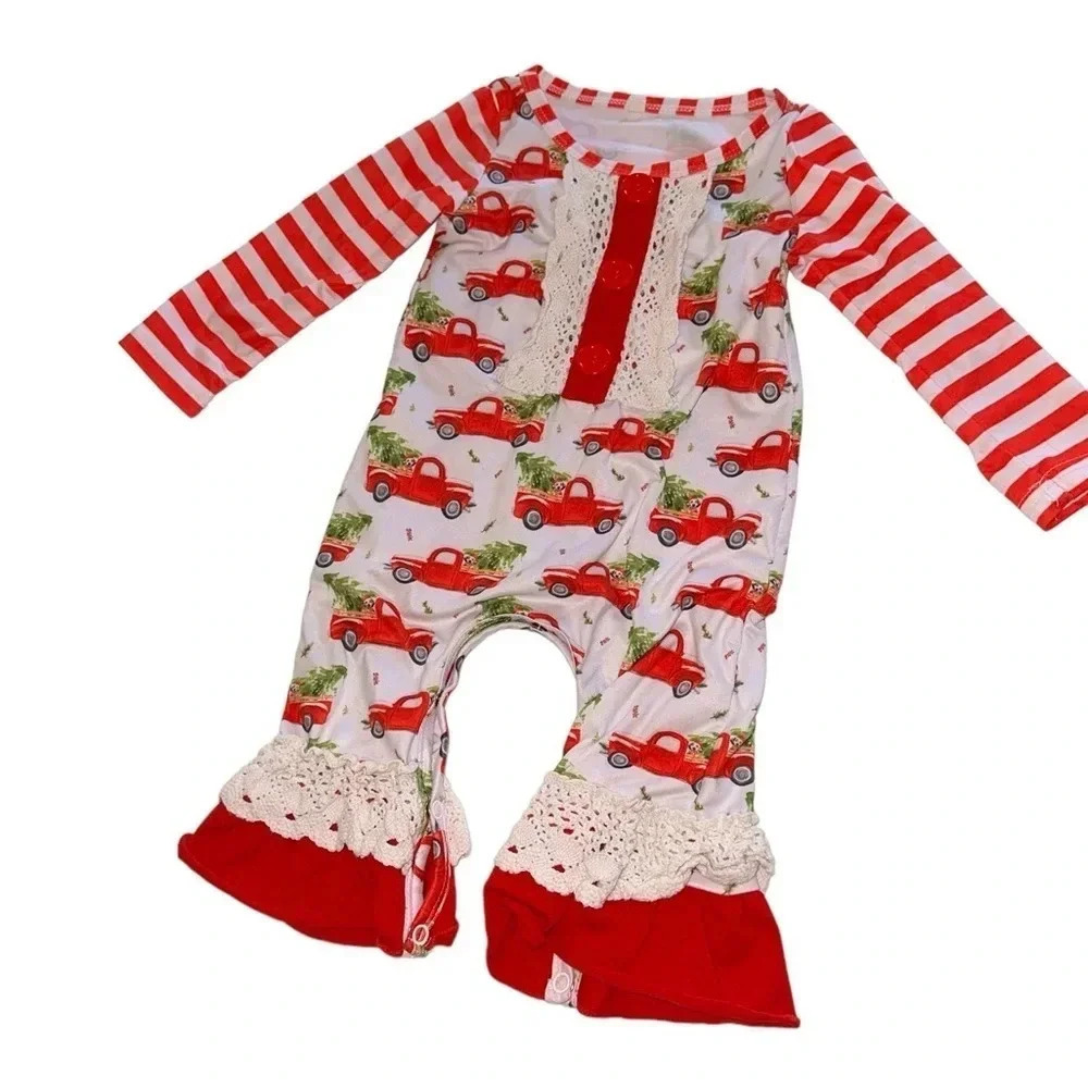 Marie Nicole Red Truck Christmas Romper. Size 6-12m